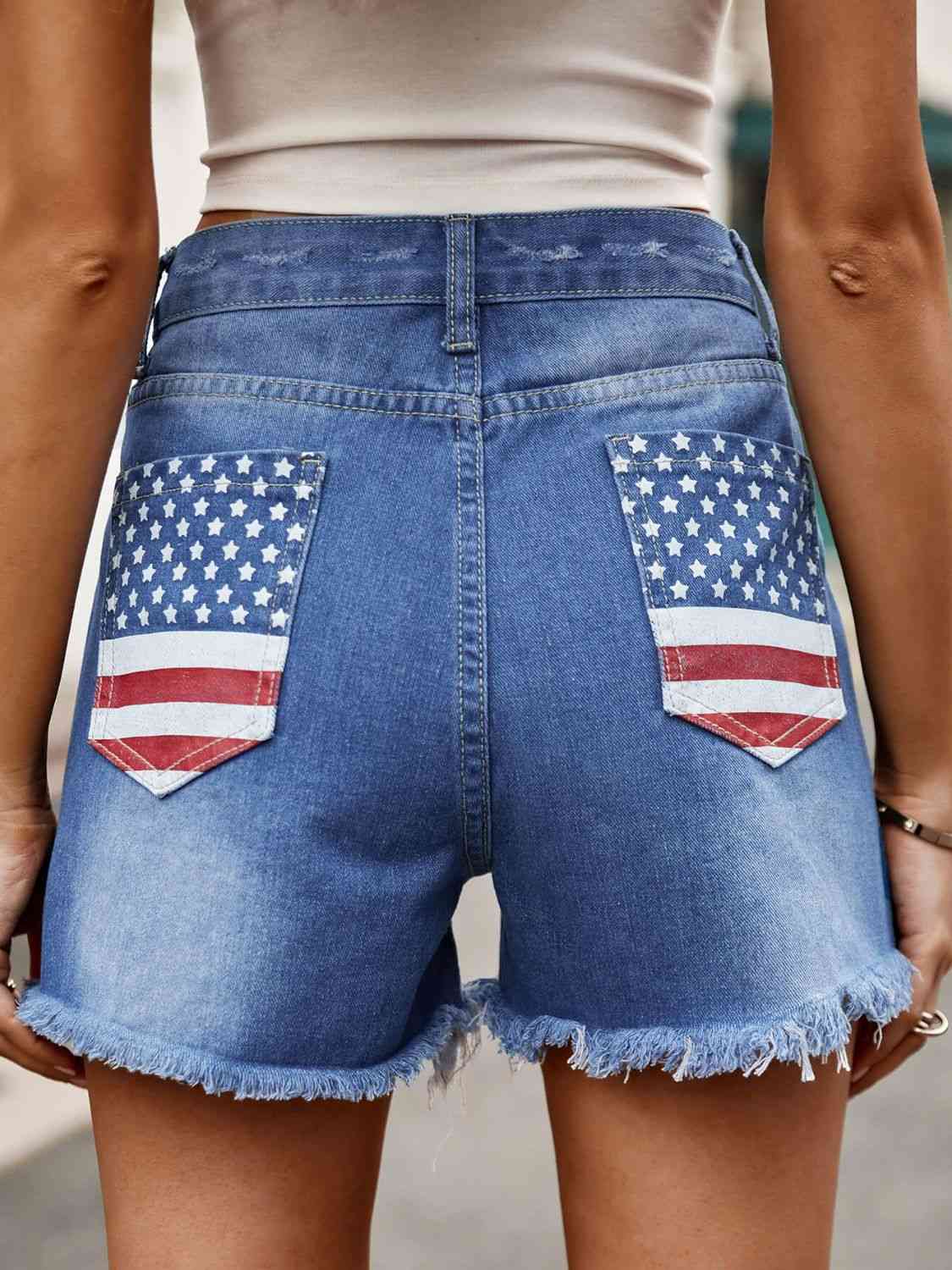 USA Raw Hem Denim Shorts with Pockets Cobalt Blue S 