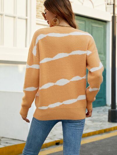 Striped Round Neck Dropped Shoulder Sweater   