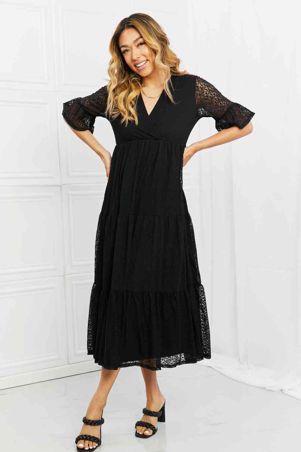P & Rose Lovely Lace Full Size Tiered Dress Black S 