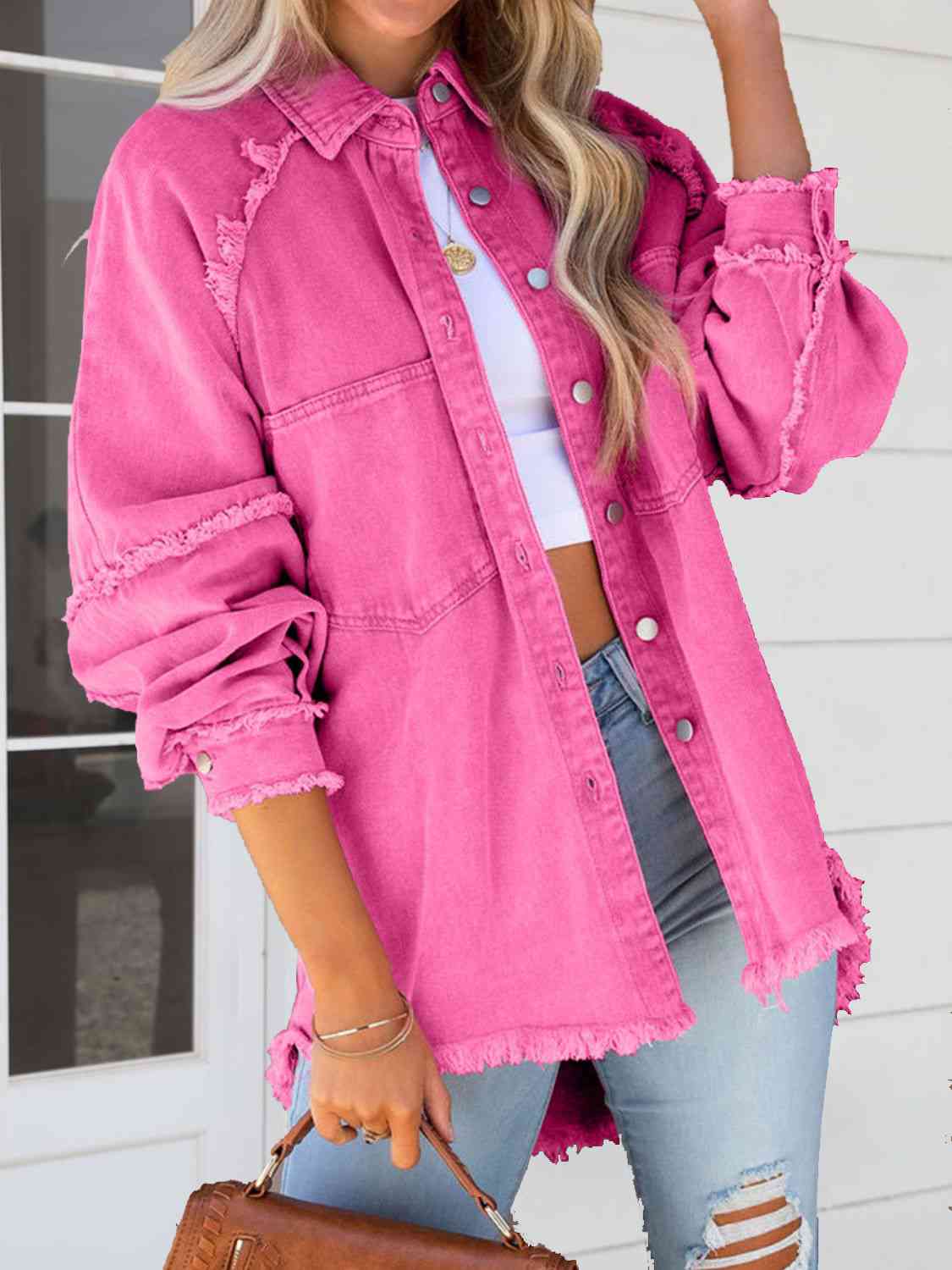 Button Down Raw Hem Denim Jacket Fuchsia Pink S 