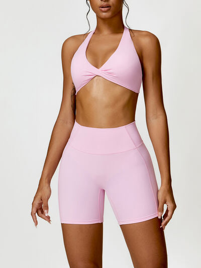 Twisted Halter Neck Bra and Shorts Active Set Blush Pink S 