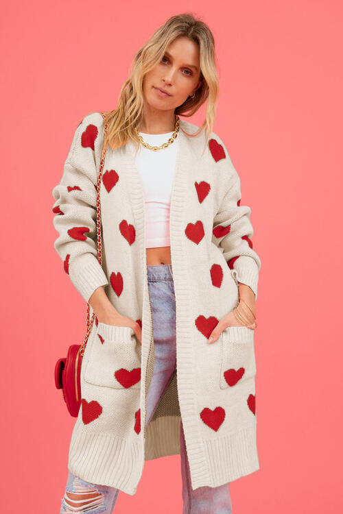 Heart Graphic Open Front Cardigan with Pockets Cream S 