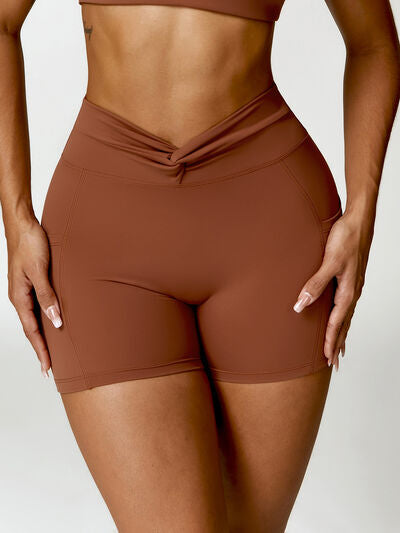 Twisted High Waist Active Shorts with Pockets Chestnut S 