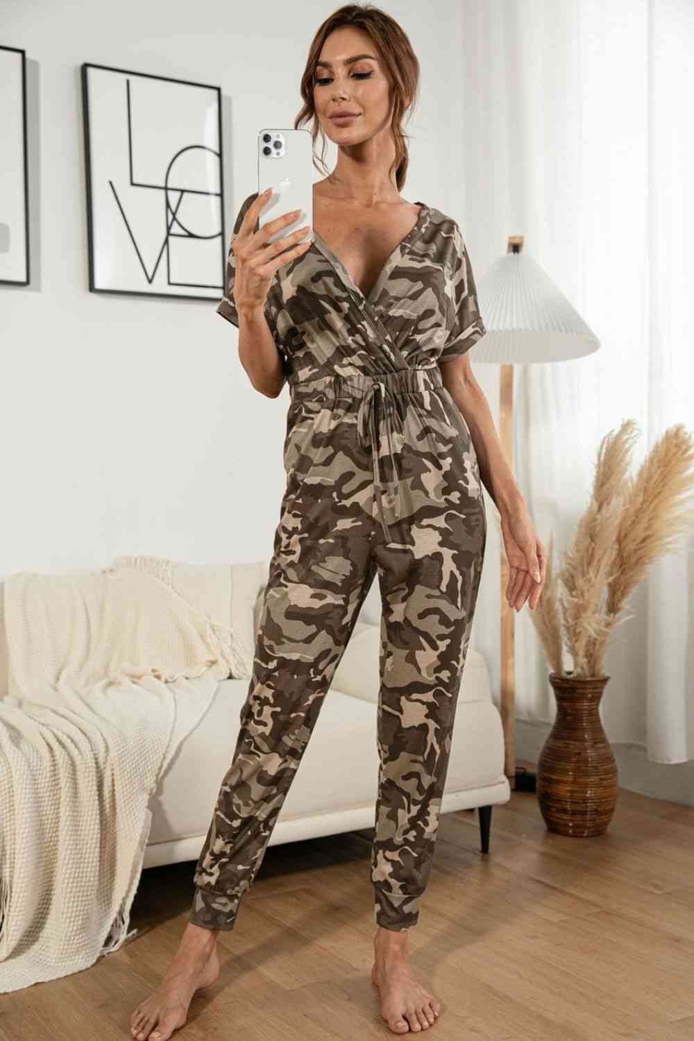 Surplice Neck Tied Short Sleeve Jumpsuit   