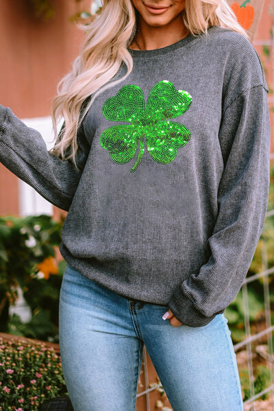 St. Patrick's Day Lucky Clover Sequin Round Neck Sweatshirt Charcoal S 