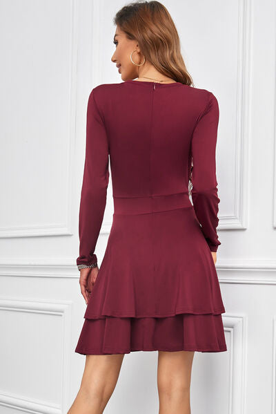 V-Neck Long Sleeve Layered Dress   