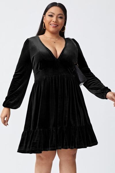 Plus Size Plunge Long Sleeve Mini Dress Black 1XL 