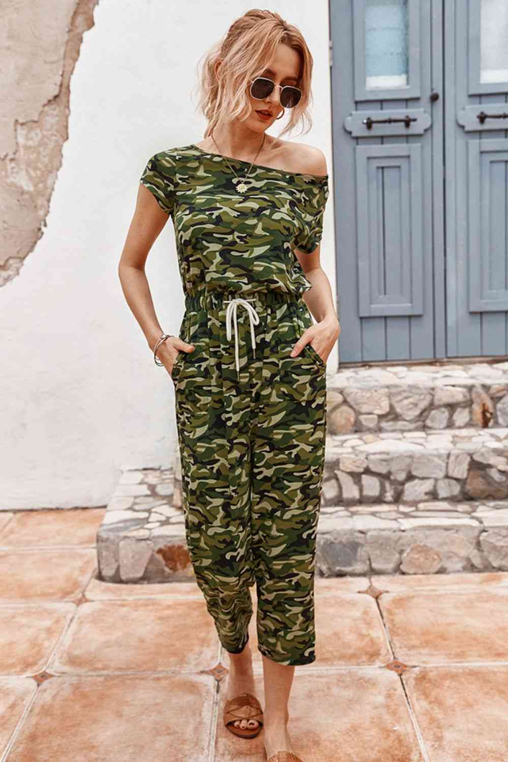 Camouflage Drawstring Crop Leg Jumpsuit Green Camouflage S 