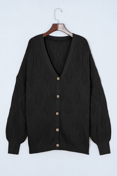 Plus Size Cable-Knit Button Up Sweater Black 1XL 