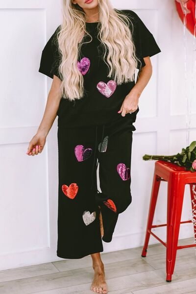 Heart Sequin Short Sleeve Top and Drawstring Pants Lounge Set   