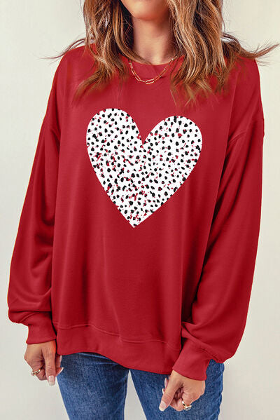 Heart Round Neck Dropped Shoulder Sweatshirt Brick Red S 