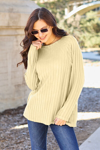 Basic Bae Full Size Ribbed Round Neck Long Sleeve Knit Top Pastel Yellow S 