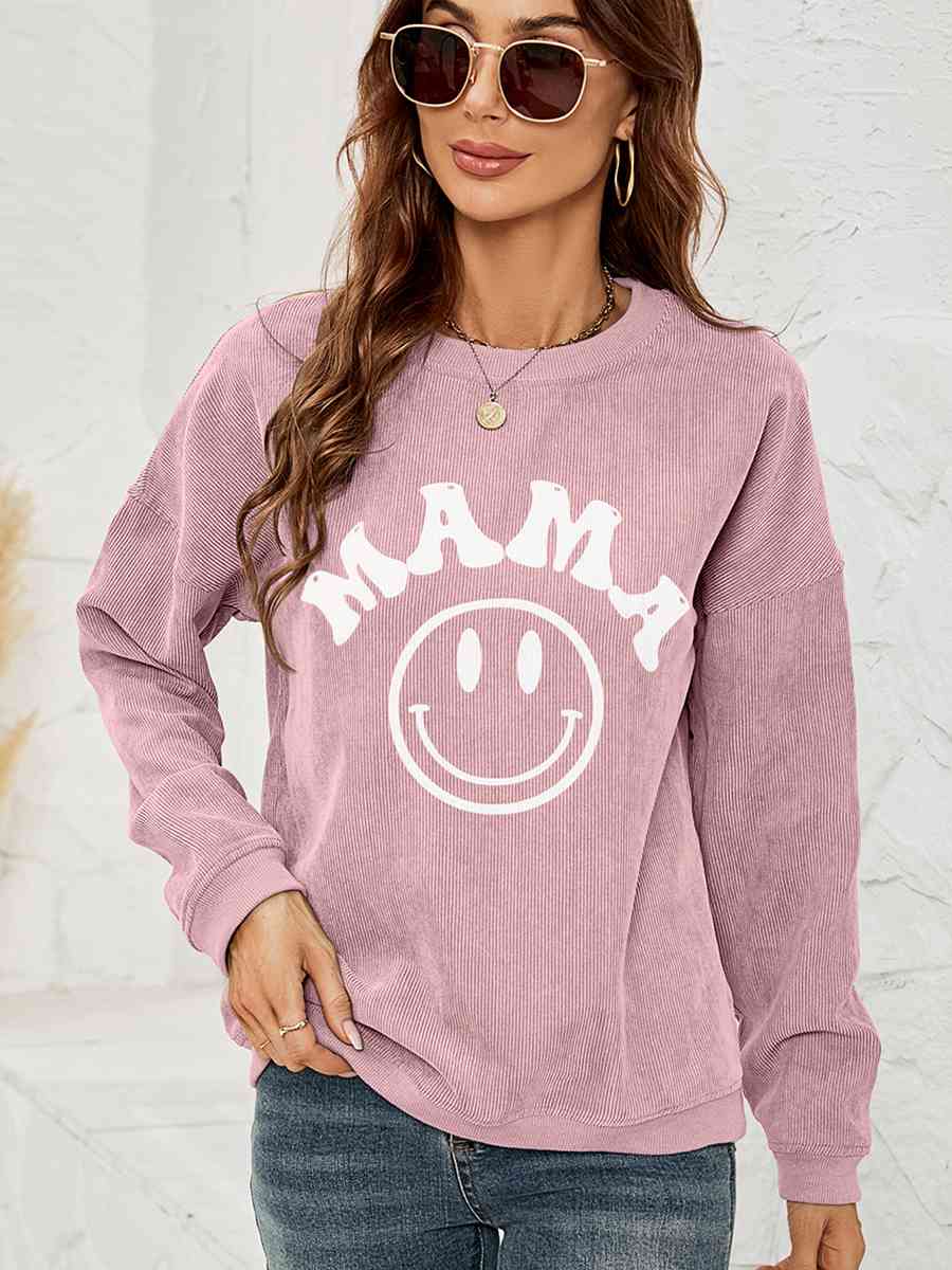 Round Neck Long Sleeve MAMA Graphic Sweatshirt Dusty Pink S 