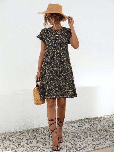 Frill Floral Round Neck Short Sleeve Tiered Dress   