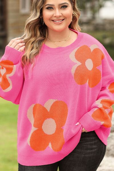 Plus Size Flower Graphic Round Neck Dropped Shoulder Sweater   