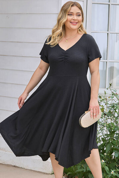 Plus Size Ruched Crisscross V-Neck Short Sleeve Dress   