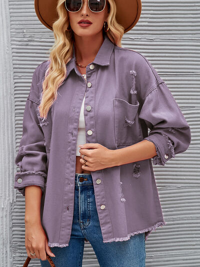 Distressed Raw Hem Button Up Denim Jacket Lilac S 