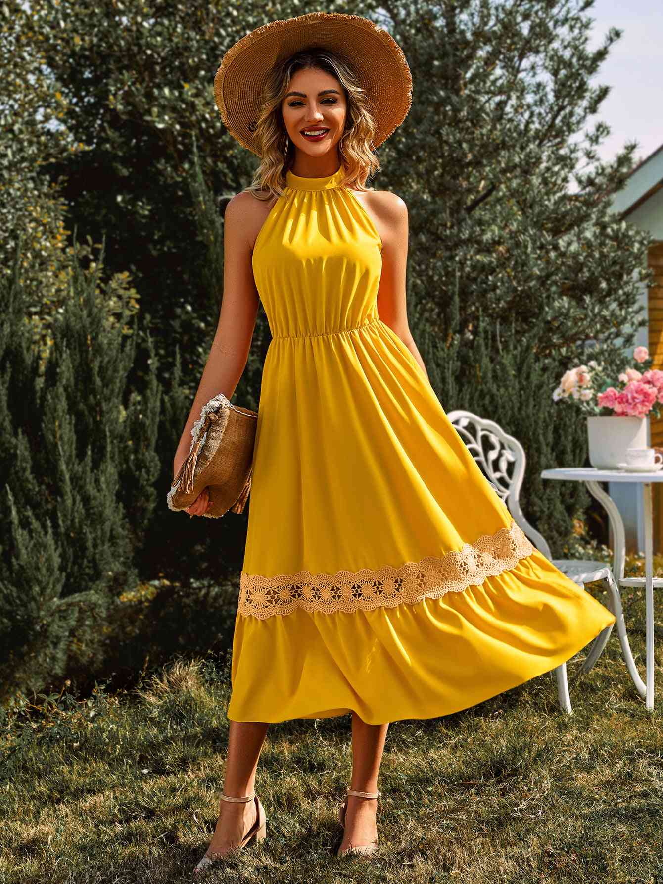 Grecian Neck Spliced Lace Midi Dress Banana Yellow S 