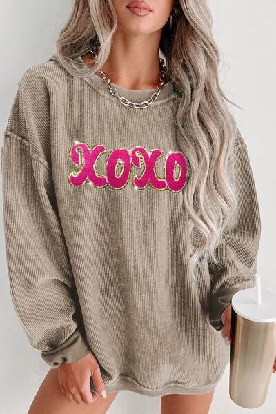 XOXO Sequin Round Neck Dropped Shoulder Sweatshirt Dust Storm S 