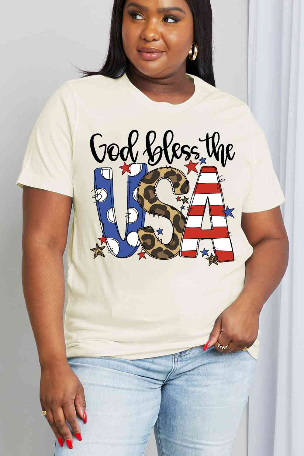 Simply Love Full Size GOD BLESS THE USA Graphic Cotton Tee Ivory S 