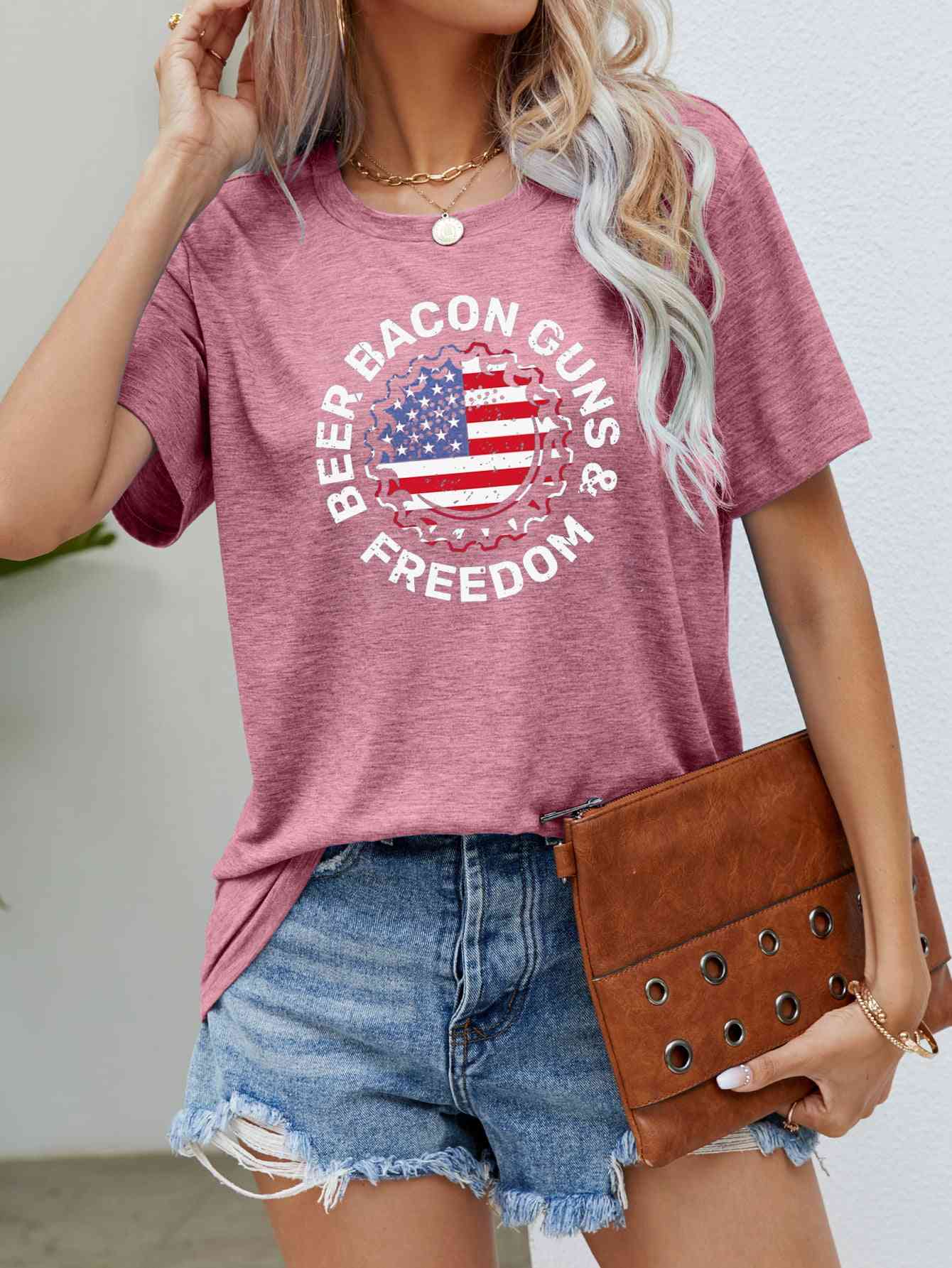 BEER BACON GUNS & FREEDOM US Flag Graphic Tee Dusty Pink S 