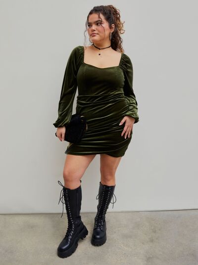Plus Size Ruched Square Neck Balloon Sleeve Wrap Dress   