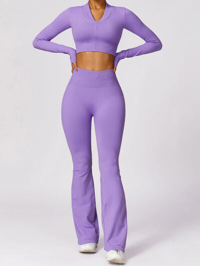 Zip Up Baseball Collar Outerwear and High Waist Pants Active Set Lavender S 