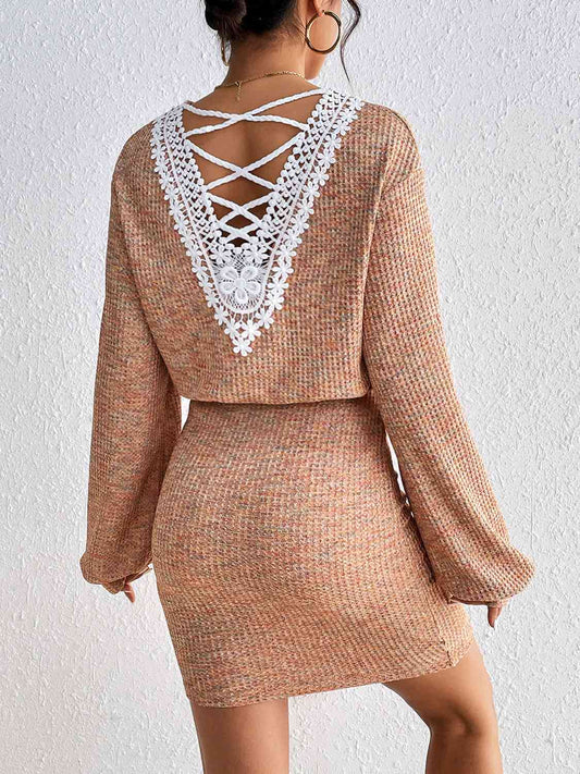 Lace Detail V-Neck Mini Dress Tan S 
