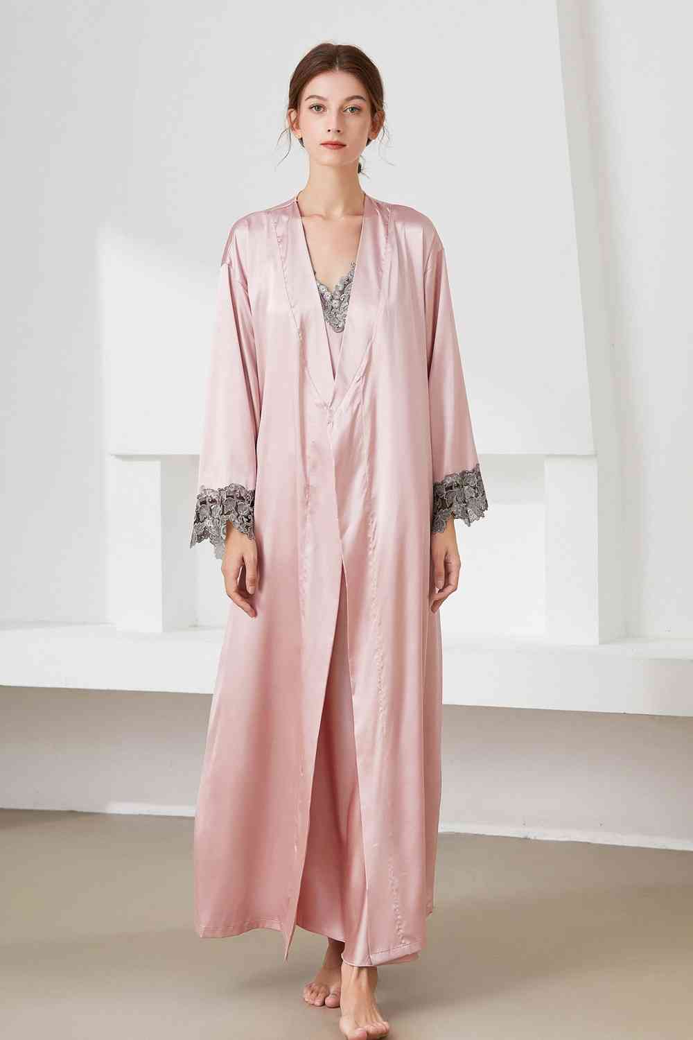 Contrast Lace Trim Satin Night Dress and Robe Set Pink M 