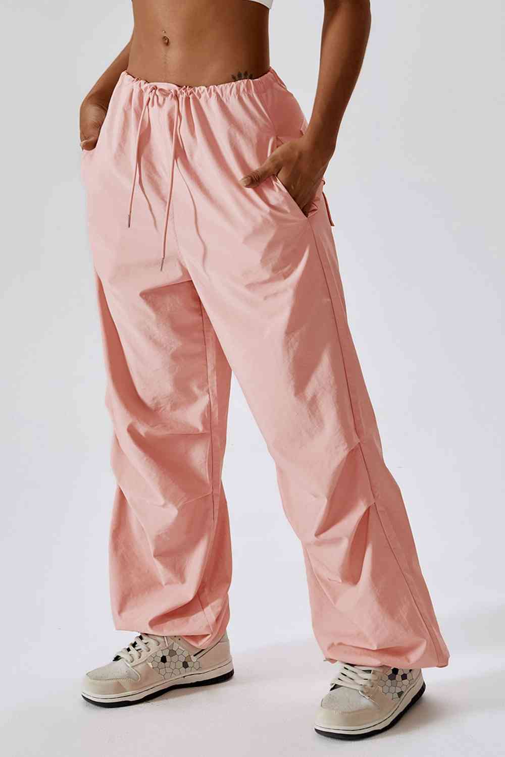 Long Loose Fit Pocketed Sports Pants Peach S 