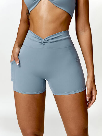 Twisted High Waist Active Shorts with Pockets Misty  Blue S 