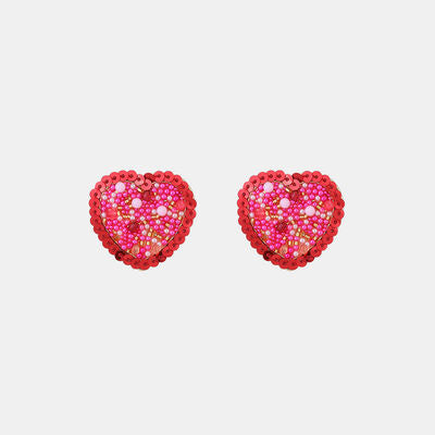 Sequin Heart Inlaid Bead Alloy Earrings Deep Rose One Size 