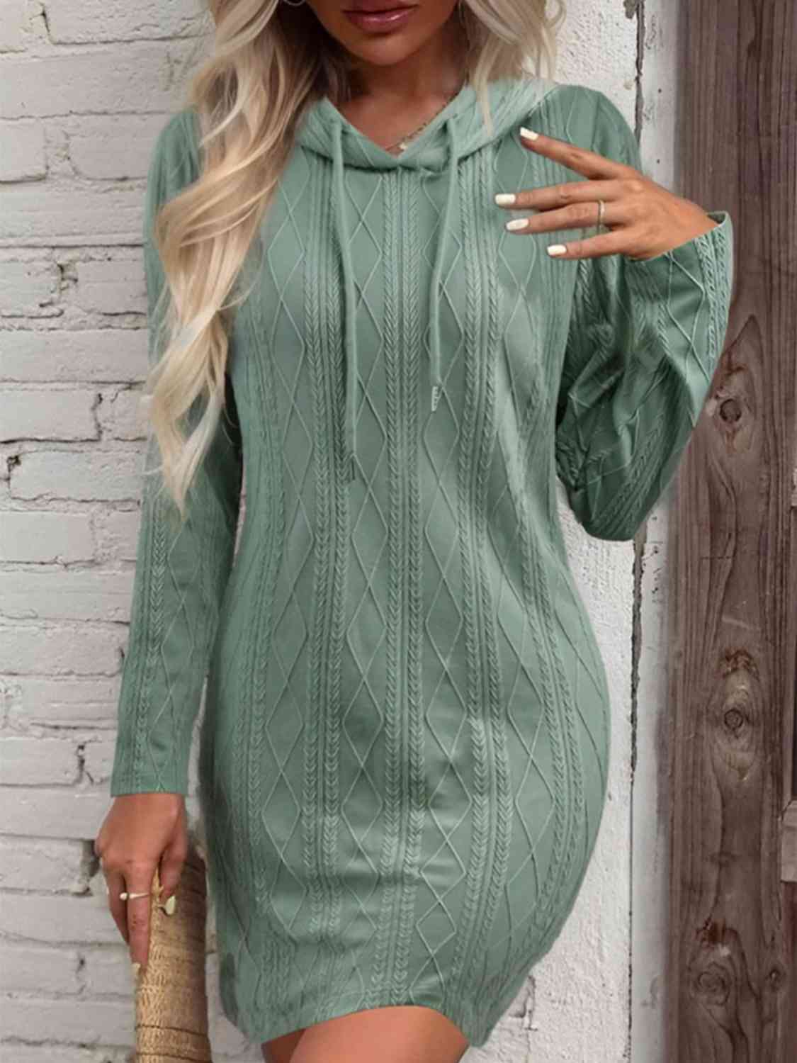 Drawstring Hooded Sweater Dress Gum Leaf S 