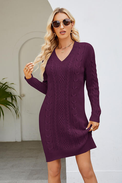Cable-Knit Long Sleeve Sweater Dress Magenta S 