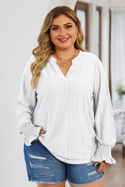 Plus Size Eyelet Notched Flounce Sleeve Blouse White 1XL 