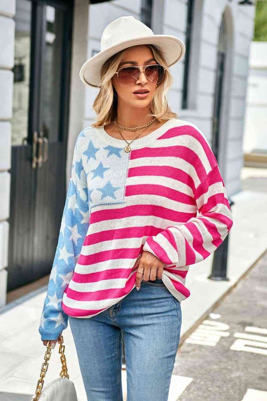 Round Neck US Flag Dropped Shoulder Sweater Hot Pink S 