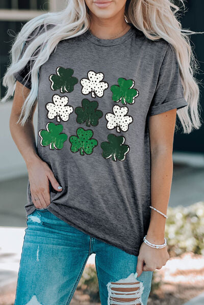St. Patrick's Day Lucky Clover Round Neck Short Sleeve T-Shirt Charcoal S 