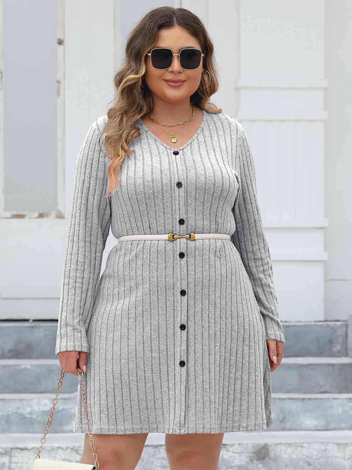 Plus Size Ribbed Buttoned V-Neck Long Sleeve Dress   
