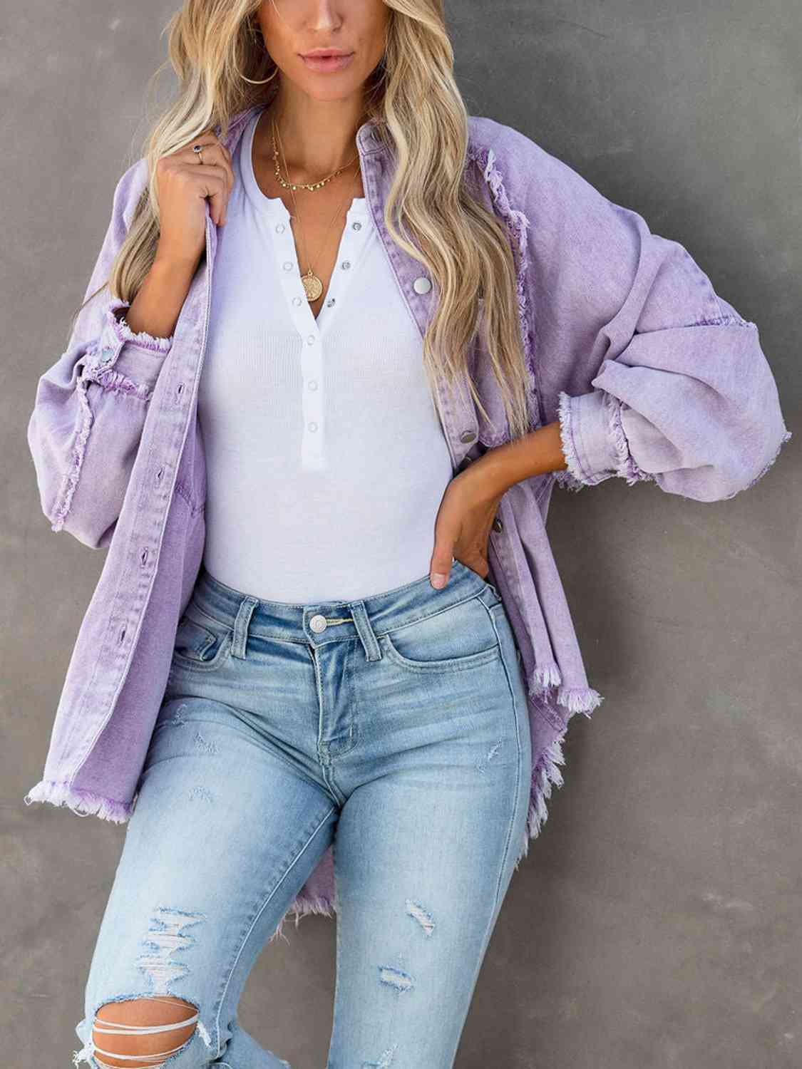 Button Down Raw Hem Denim Jacket Lavender S 