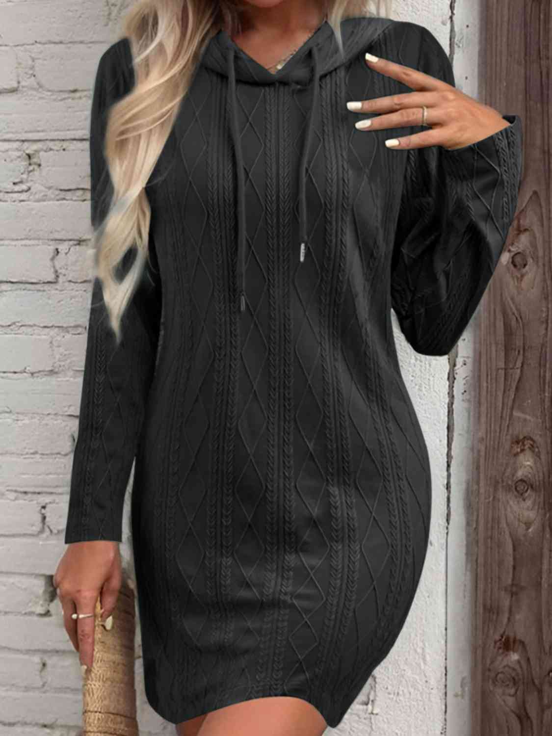 Drawstring Hooded Sweater Dress Black S 