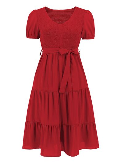 Smocked Tie Front Short Sleeve Tiered Dress   