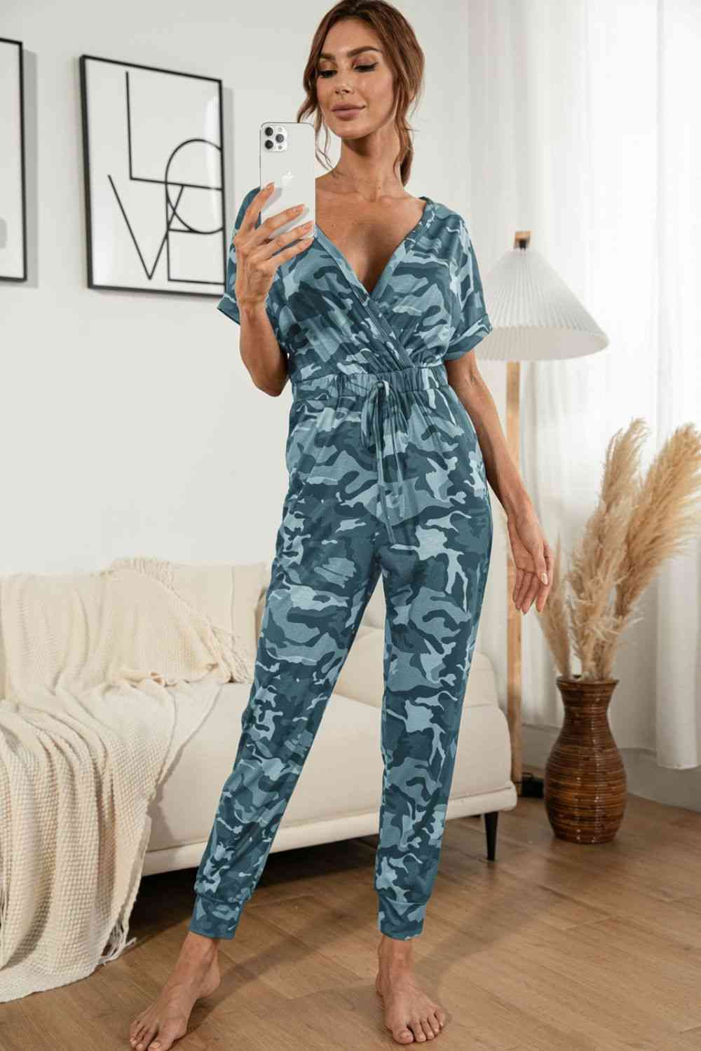 Surplice Neck Tied Short Sleeve Jumpsuit   