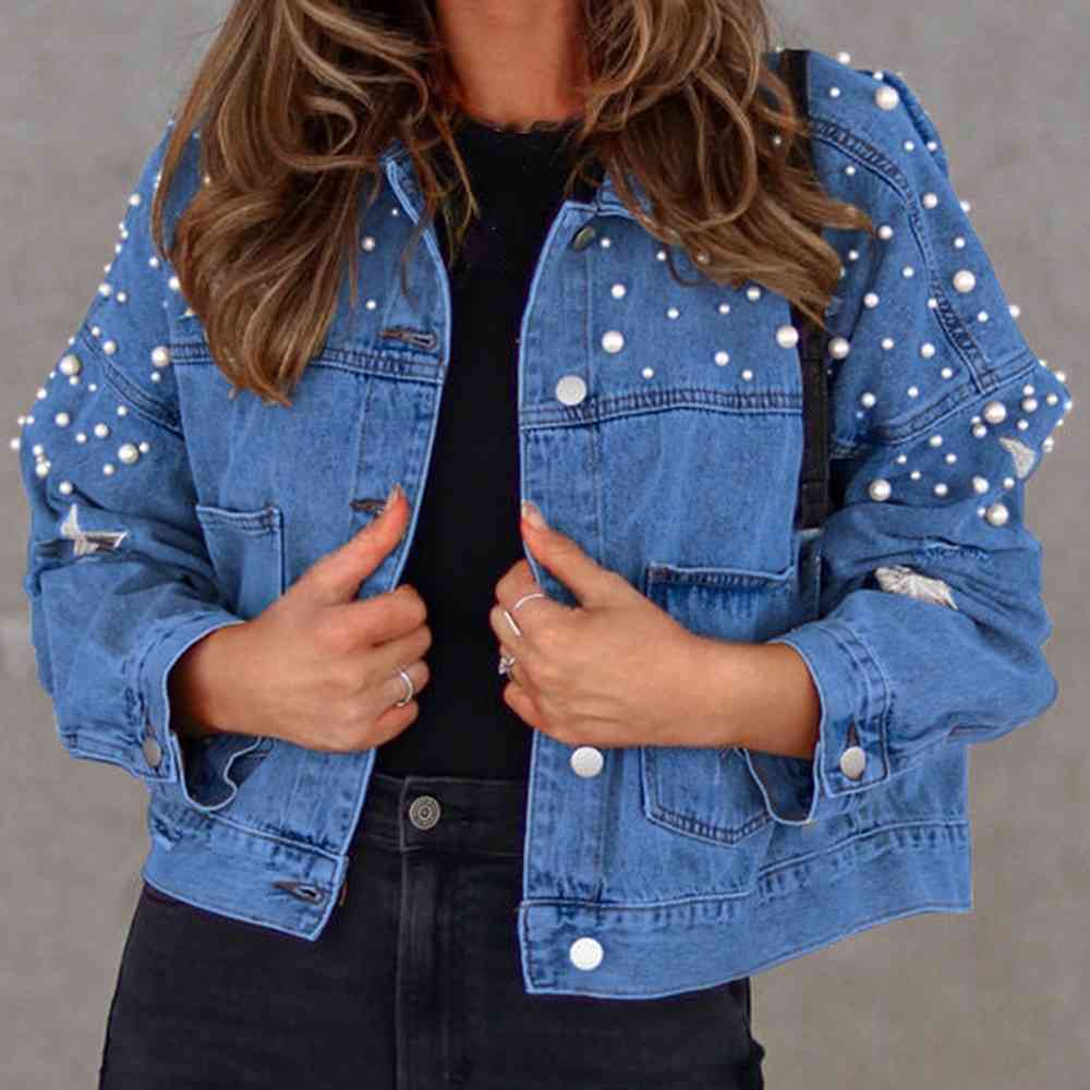 Bead Detail Denim Jacket Medium S 