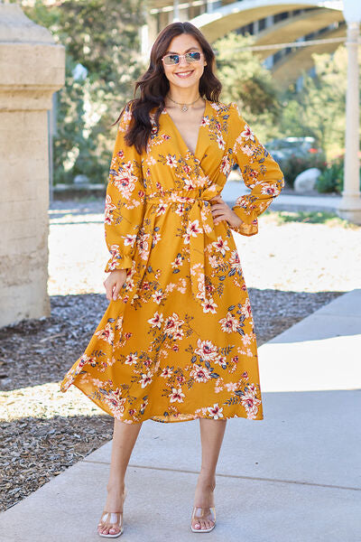 Double Take Full Size Floral Tie Back Flounce Sleeve Dress Caramel S 