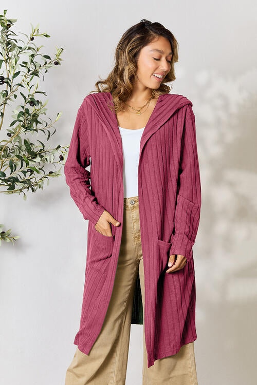 Basic Bae Full Size Hooded Sweater Cardigan Fuchsia Pink S 
