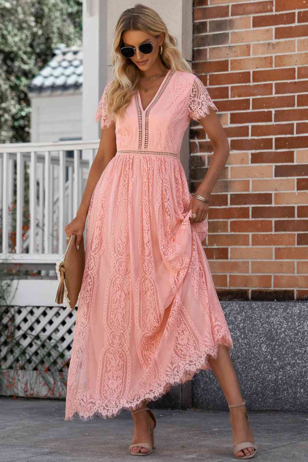 Scalloped Trim Lace Plunge Dress Coral S 