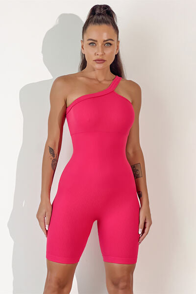 Asymmetrical Neck Wide Strap Active Romper Hot Pink S 