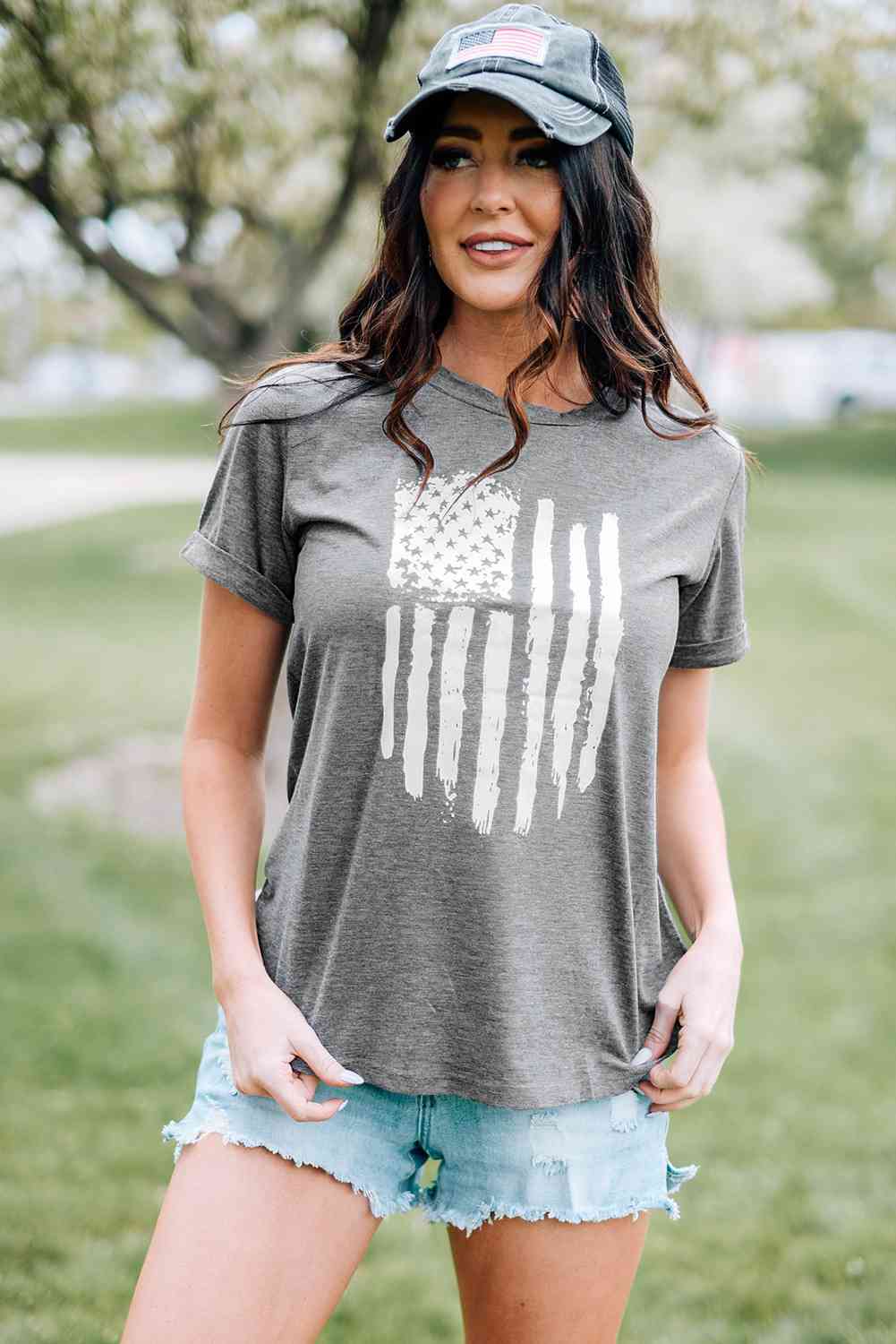 US Flag Graphic Cuffed Sleeve Tee   