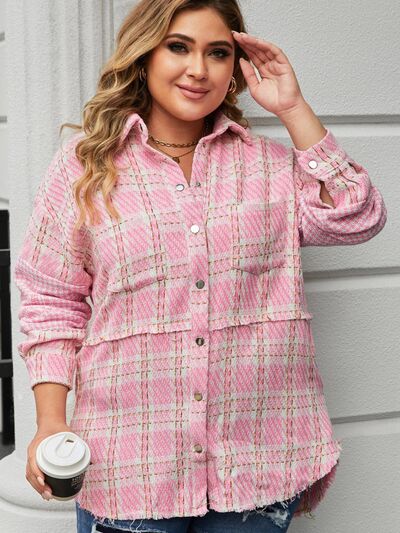 Plus Size Plaid Pocketed Snap Down Jacket Carnation Pink 1X 