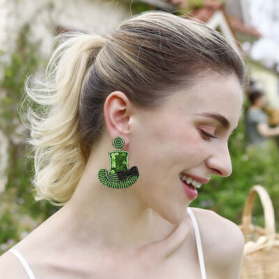 St. Patrick's Day Bead Sequin Hat Shape Dangle Earrings   